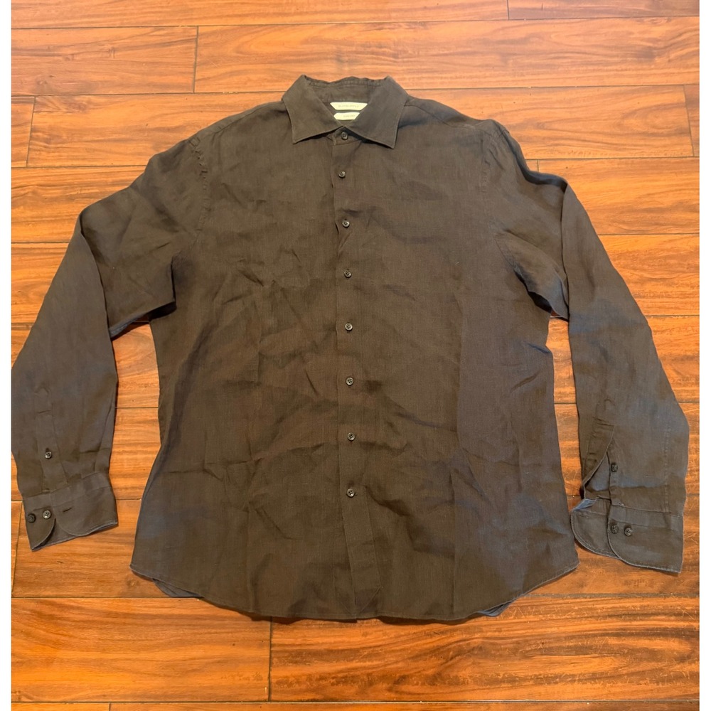 Suitsupply Pure Linen Dark Brown Tailored Fit Button Down Shirt Mens 44 17.5
